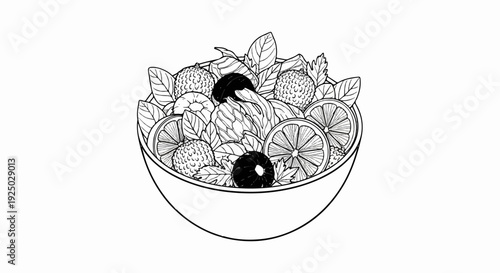 A detailed black and white line drawing of a vibrant fruit and vegetable salad in a bowl