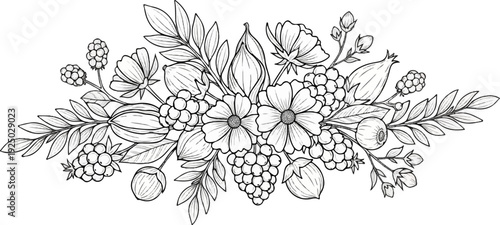 A monochrome sketch of a bountiful floral arrangement with berries, leaves, and buds