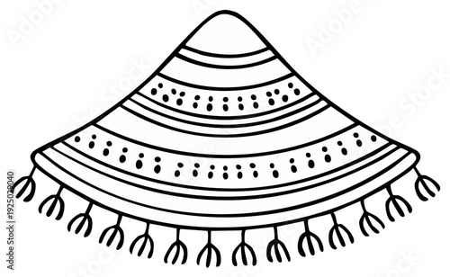 Black and white hand-drawn illustration of a decorative textile