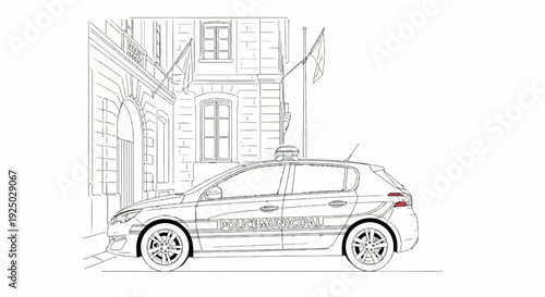 Line art shows a municipal police car parked in front of a building