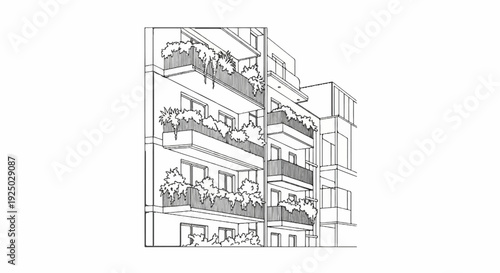 Line drawing of a modern building with balconies overflowing with lush plants