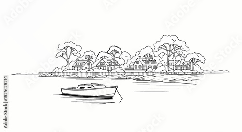 A serene waterscape features a small boat floating peacefully near a tree-lined shore with houses