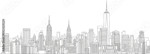 Stylized sketch of a prominent city skyline with varied skyscrapers