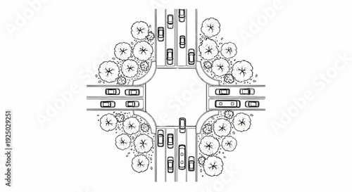 Top-down view of a traffic intersection with cars and trees in sketch style