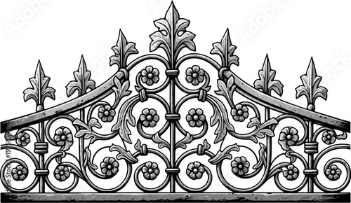 Ornate wrought iron gate top with floral and leaf scrollwork accents