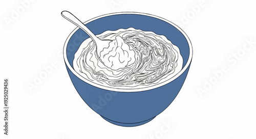 A blue bowl filled with creamy food and a spoon