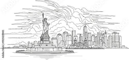 Stylized line art depicts Statue of Liberty with a New York City skyline backdrop