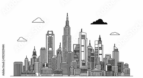 A black and white line drawing of a city skyline with clouds