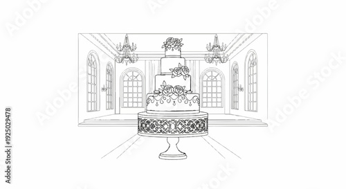 Ornate tiered cake on display in a grand ballroom with arched windows and chandeliers