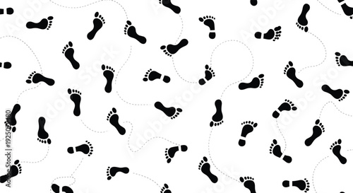 Black footprints with dashed movement paths, dynamic pattern, dance steps, navigation design, playful layout, tracking concept, decorative background, motion art