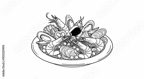 A black and white drawing of a seafood dish with shrimp and mussels