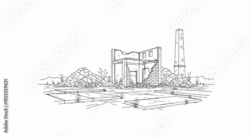 Sketch of crumbling building and tall chimney among rubble and sparse grass
