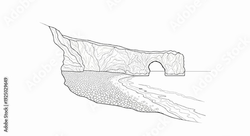 Stylized drawing of a rocky coast with an arch and pebble beach