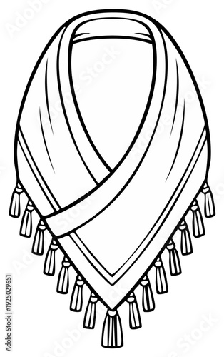 Vintage square scarf sketch with tassels, kerchief, fashion design element isolated for coloring book page or pattern graphic