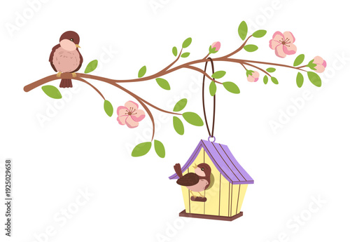 A charming flat vector illustration featuring two cute brown birds perched on a flowering tree branch with pink blossoms and a yellow wooden birdhouse. This seasonal clip-art is perfect for spring gre