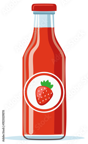Glass bottle filled with red strawberry jam or sauce, featuring a fruit label