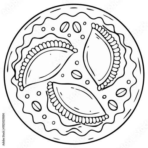 Outline drawing of delicious patties served on plate alongside grains and sauce. Ready to be colored in with creative drawing skills.