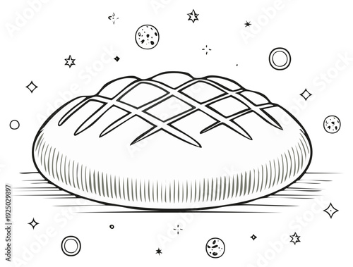 Illustration of a loaf of bread, rendered in a vintage engraving style, with stylized space elements.