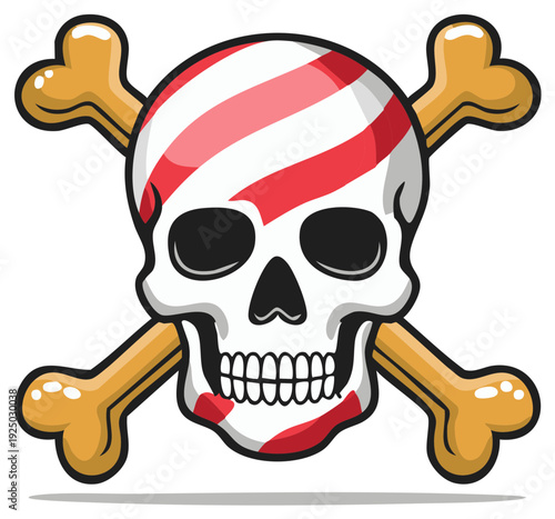 Striped pirate skull with crossed bones, a simple and fun cartoon illustration for Halloween or party decorations