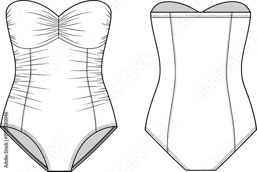 Strapless sweetheart neckline ruched one piece swimsuit technical fashion flat sketch vector illustration template with front and back design views.