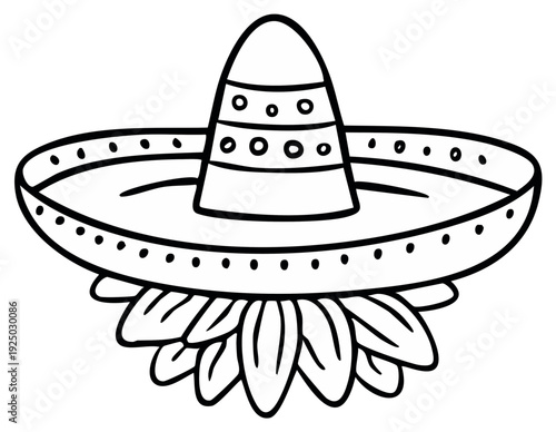 Mexican sombrero hat and flower outline illustration, Cinco de Mayo concept, vector graphic