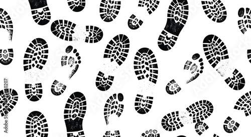 Black shoe footprint and barefoot print pattern on white background for crime scene investigation evidence and mystery detective story concepts