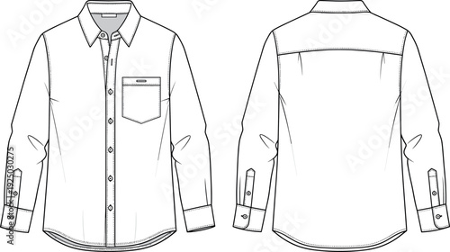Mens long sleeve button down shirt fashion flat sketch technical drawing vector template front and back view blank outline mockup