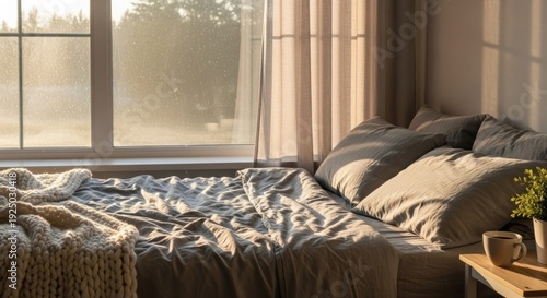 A serene bedroom with a bed, nightstand, and window showing a foggy outdoor scene