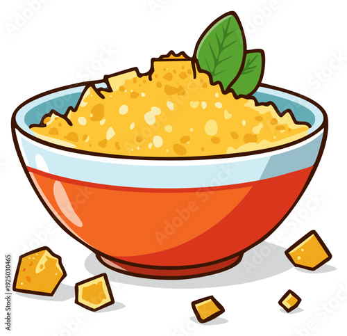 Vibrant Cartoon Illustration of a Delicious Bowl of Cheesy Polenta with Basil
