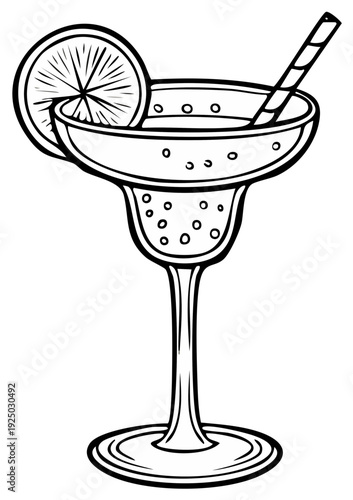Cocktail in margarita glass with straw and orange slice, line art illustration