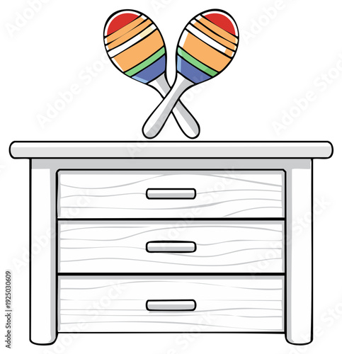 Vibrant Maracas Musical Shakers Displayed on a Simple Wooden Chest of Drawers Illustration