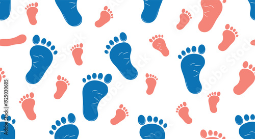 Blue and pink footprints pattern, family theme, playful design, child and adult steps, gender representation, scattered layout, growth, unity, background