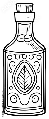 Ornate potion bottle with leaf detail illustration in black and white outline
