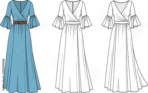 Vector fashion flat sketch illustration of women long maxi wrap dress with bell sleeves technical drawing colored and line art