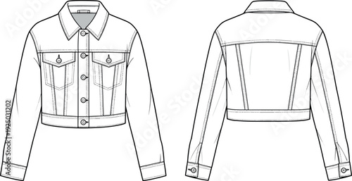 Vector flat sketch of a cropped womens denim jacket front and back view fashion technical drawing template for apparel design