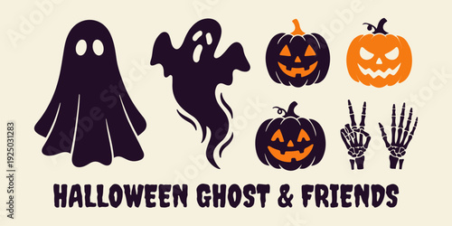 Halloween ghost and pumpkin vector set with spooky characters skeleton hands jack o lantern faces cute and scary holiday icons for party decorations posters and greeting designs
