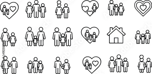 Family and Relationship Line Icons Set with Parents Children Home and Love Symbols Vector Illustration