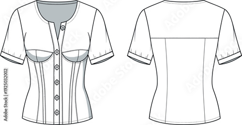 Women short sleeve corset bustier blouse top technical flat fashion sketch vector illustration template front and back view apparel design.