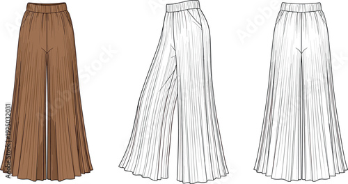Women wide leg pleated palazzo pants fashion illustration vector flat sketch technical drawing set front and side view design template