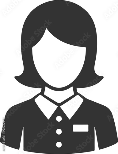 Professional Female Staff Icon – Minimalist Black and White Silhouette of Customer Service Representative with Name Tag and Collared Shirt for Business, Office, Reception, and Service Roles
