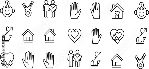 Family, Love, Baby, Hands and Home Line Icon Set with Relationship and Real Estate Symbols for Web and App Design