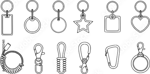 Blank keychain templates with snap-hook and ring, star and cloud shaped keyring outlines for branding design vector illustration.