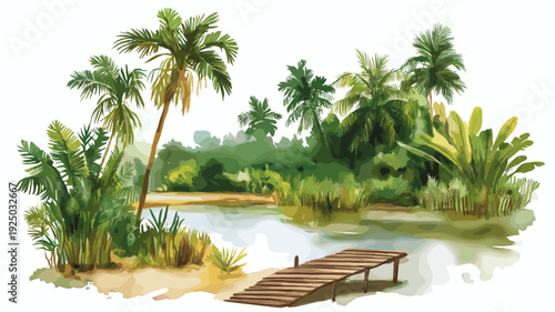 Bigi Pan Wetlands. Bigi Pan Wetlands hand drawn watercolor illustration