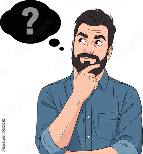 Bearded man in blue shirt thinking with question mark in thought bubble flat vector illustration