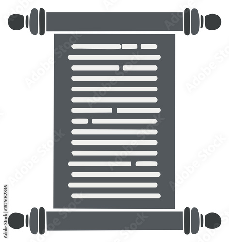Ancient scroll illustration with text, rolled with decorative cylindrical supports, vector graphic element