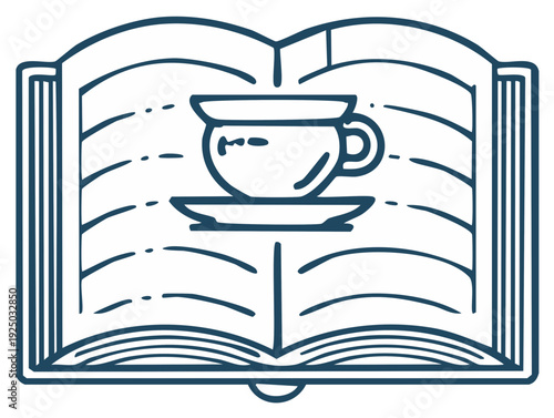 Outline of open book with teacup above pages, concept for reading and drinking
