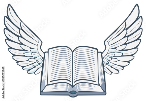 Open book with large white angel wings flying upwards symbol of imagination and knowledge