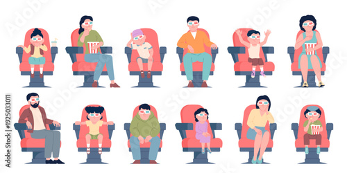 People in cinema. Adults children sitting in red movie theater chairs in 3d glasses. Film presentation for audience. Weekend, evening entertainment, recent vector characters