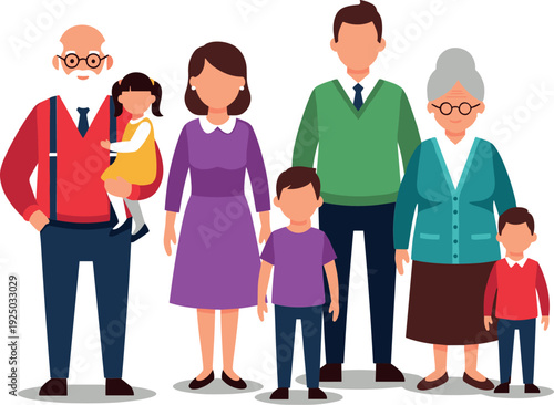 Happy big family portrait including grandparents parents and children together flat vector illustration