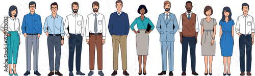 Group of diverse business people and office workers standing together in a row flat vector illustration